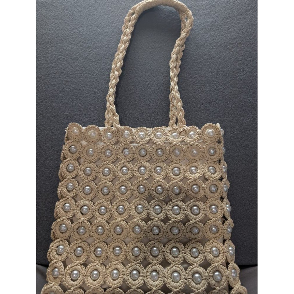 Haute Hippie Style Crochet Pearl Tote Bag Beige Straw Woven Handbag